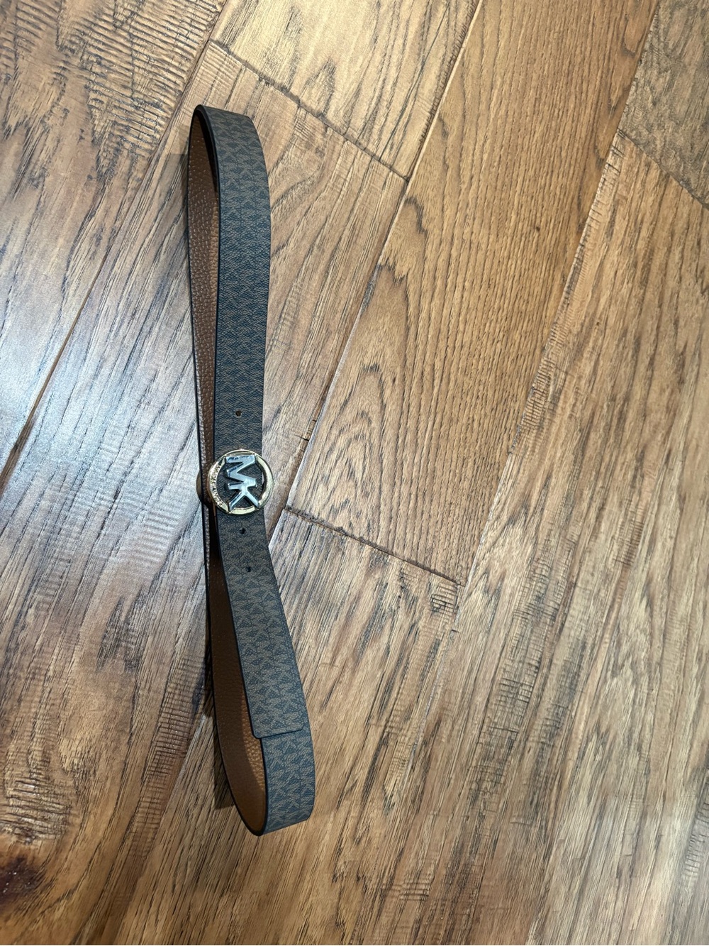 Michael Kors Reversible Brown Logo-Print Belt with Silver and Gold MK Buckle